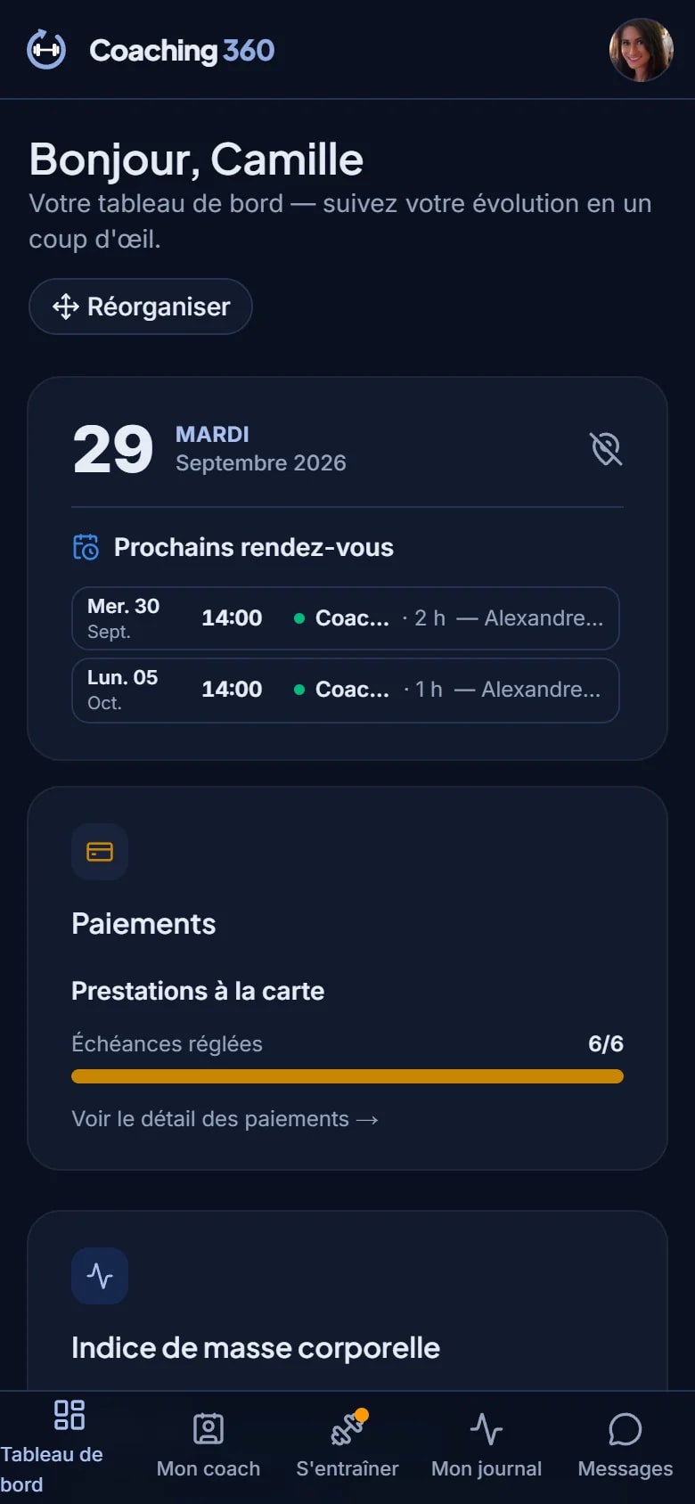 Tableau de bord du client sur smartphone