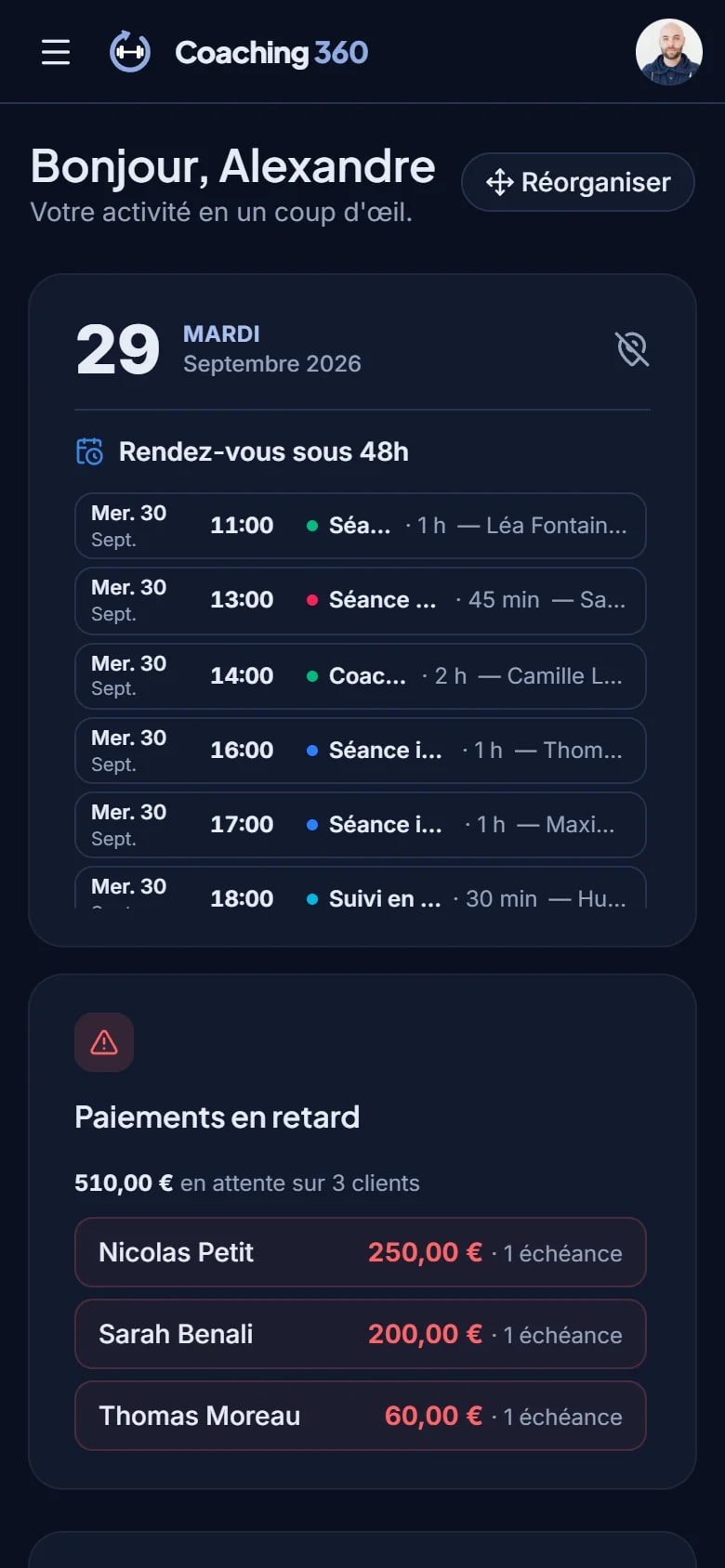 Espace coach — Tableau de bord, format smartphone